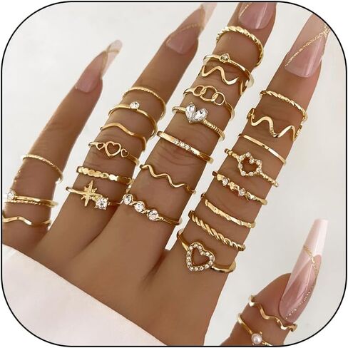 HUASAI Stackable Rings for Women Boho Star Rhinestone Pearl Knuckle Ring Set Adjustable Dainty Statement Trendy Stocking Stuffers Christmas Gifts in Saudi Arabia