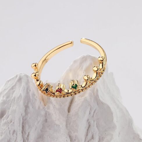 Adjustable Crown Statement Ring Gold Plated Colorful CZ Open Ring for Women Stackable Fashion for Daily Wear in Saudi Arabia