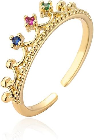 Adjustable Crown Statement Ring Gold Plated Colorful CZ Open Ring for Women Stackable Fashion for Daily Wear in Saudi Arabia