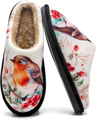 Bird Slippers for Women Men, Robin Bird Print Cozy House Shoes, Non-Slip Plush Indoor Slides with Flannel Lining, Winter Comfort Gifts for Bird Lovers in Saudi Arabia