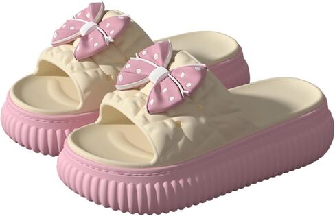 Bow Sandals for Women Flat Thick Sole Pink Beach Slippers Kawaii Comfortable Slip on Slide Sandals Summer Outdoor in Kuwait
