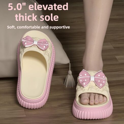 Bow Sandals for Women Flat Thick Sole Pink Beach Slippers Kawaii Comfortable Slip on Slide Sandals Summer Outdoor in Kuwait