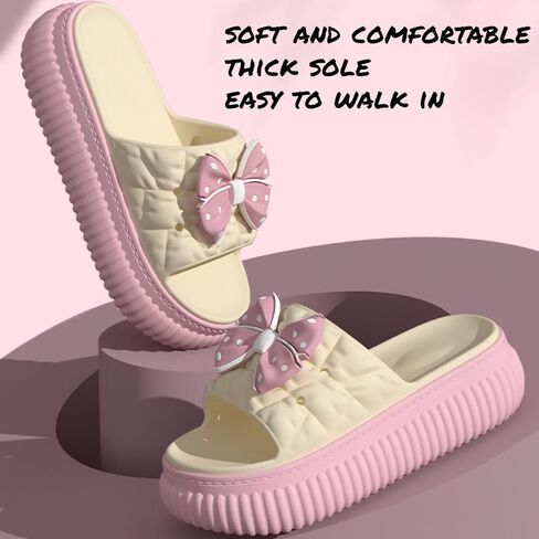 Bow Sandals for Women Flat Thick Sole Pink Beach Slippers Kawaii Comfortable Slip on Slide Sandals Summer Outdoor in Kuwait