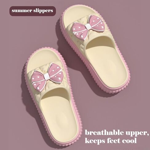 Bow Sandals for Women Flat Thick Sole Pink Beach Slippers Kawaii Comfortable Slip on Slide Sandals Summer Outdoor in Kuwait