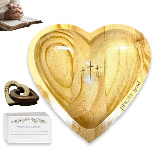 Prayer Bowl Wooden with 24 Prayer Cards&2 Wood Heart,Christian Gifts for Women Men,Heart Shaped Decor Prayer Bowl,Religious Gift for Women, Mom, Dad, Daughter, or Husband, Perfect for Easter in Saudi Arabia