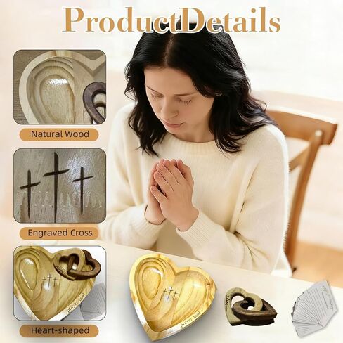 Prayer Bowl Wooden with 24 Prayer Cards&2 Wood Heart,Christian Gifts for Women Men,Heart Shaped Decor Prayer Bowl,Religious Gift for Women, Mom, Dad, Daughter, or Husband, Perfect for Easter in Saudi Arabia