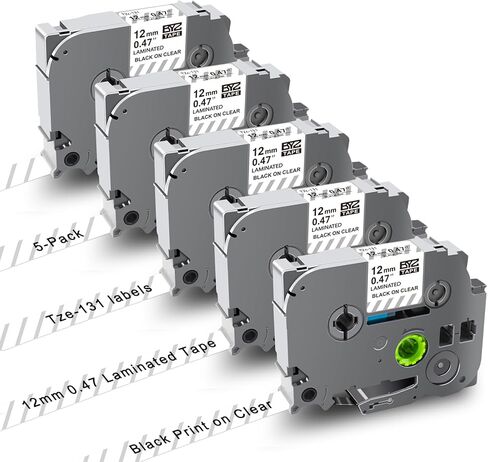 TZe-131 12 مم 0.47 شريط شفاف مصفح بديل لإعادة تعبئة صانع الملصقات Brother P Touch، شريط TZe Tz 0.13-0.47 3.5-12 مم لـ PTH110 PTD210 PT-D2040 PT-D610BT، 1/2 بوصة × 26.2 قدم، أسود على شفاف، 5 قطع in Kuwait