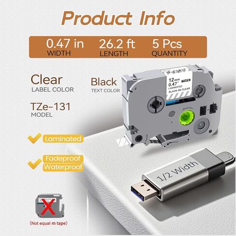 TZe-131 12 مم 0.47 شريط شفاف مصفح بديل لإعادة تعبئة صانع الملصقات Brother P Touch، شريط TZe Tz 0.13-0.47 3.5-12 مم لـ PTH110 PTD210 PT-D2040 PT-D610BT، 1/2 بوصة × 26.2 قدم، أسود على شفاف، 5 قطع in Kuwait
