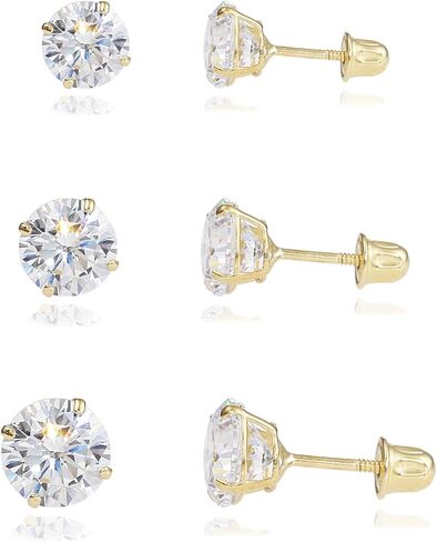 14K Gold Round CZ Stud Earrings, 3 PAIR SET, Screw-Back, combo sets in Saudi Arabia