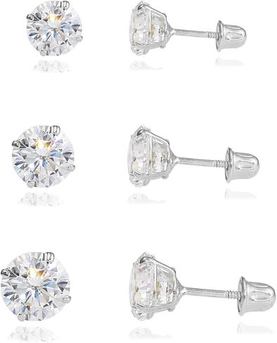 14K Gold Round CZ Stud Earrings, 3 PAIR SET, Screw-Back, combo sets in Saudi Arabia