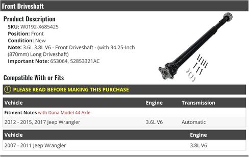 Front Driveshaft - Compatible with 2007-2015, 2017 Jeep Wrangler 3.6L 3.8L V6 (with 34.25-Inch, 870mm Long Driveshaft) Automatic in Saudi Arabia