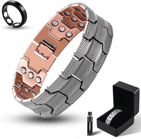 3X أساور مغناطيسية للرجال مغناطيس ثلاثي القوة مع سوار من النحاس النقي بطول قابل للتعديل لدعم المعصم والصحة - تتضمن أداة تحديد الحجم وصندوق هدايا in Kuwait