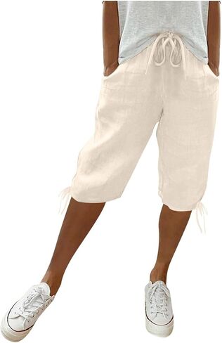 شورت برمودا للنساء طول الركبة من القطن والكتان شورت عالي الخصر برباط صيفي غير رسمي بدواسة مع جيوب in Kuwait