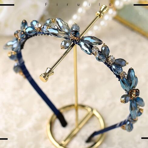 Rhinestones Headband Sparkly Crystal Flower Hairbands Blue Beaded Headpieces Holiday Costume Hair Accessories for Women in Kuwait