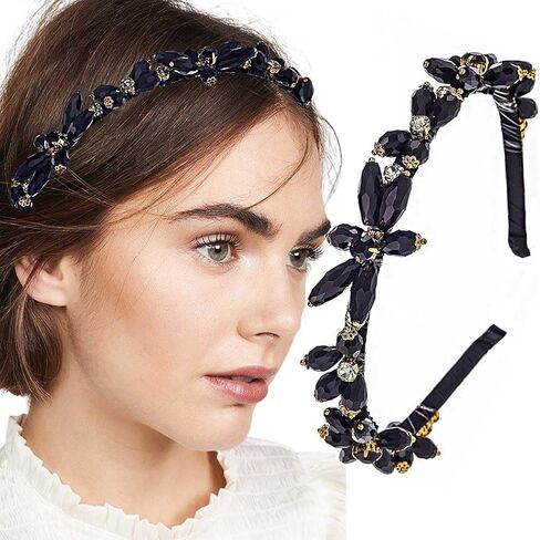 Rhinestones Headband Sparkly Crystal Flower Hairbands Blue Beaded Headpieces Holiday Costume Hair Accessories for Women in Kuwait