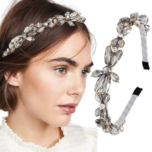 Rhinestones Headband Sparkly Crystal Flower Hairbands Blue Beaded Headpieces Holiday Costume Hair Accessories for Women in Kuwait