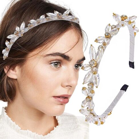 Rhinestones Headband Sparkly Crystal Flower Hairbands Blue Beaded Headpieces Holiday Costume Hair Accessories for Women in Kuwait