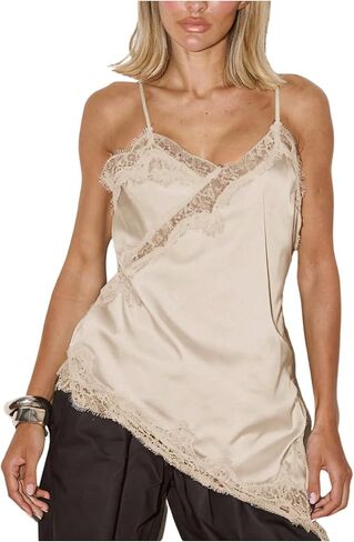 Verdusa Women's Lace Satin Flowy Cami Tops Sleeveless High Low Going Out Tops Rave Outfits in Saudi Arabia