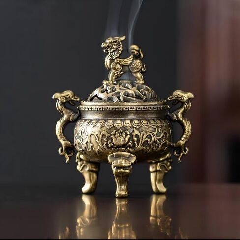 1PC Vintage Bronze Qilin Incense Burner, Tripod Censer with Hollow-Carved Lid & Mythical Beast Finial, Aromatherapy Holder for Meditation, Yoga & Home Decor, Perfect Feng Shui Gift in Saudi Arabia
