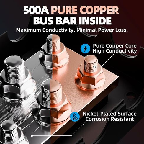 DAIERTEK Copper Bus Bar 12V 500A Heavy Duty Power Distribution Block Waterproof Battery Terminal with Cover, Ground Bus Bar Positive & Negative with M8 & M10 Studs for Automotive Marine RV Solar in Kuwait