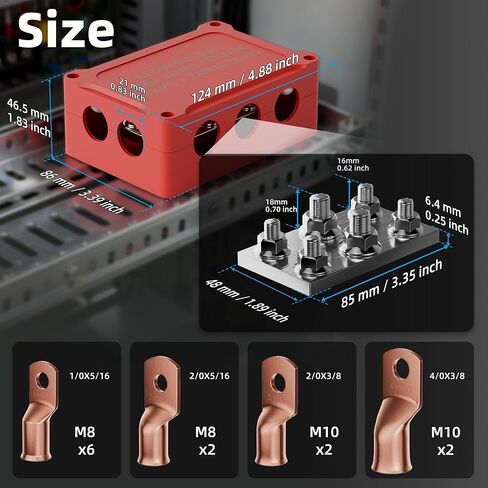 DAIERTEK Copper Bus Bar 12V 500A Heavy Duty Power Distribution Block Waterproof Battery Terminal with Cover, Ground Bus Bar Positive & Negative with M8 & M10 Studs for Automotive Marine RV Solar in Kuwait