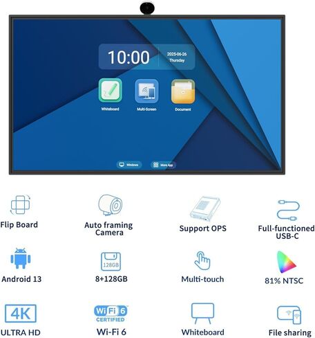 TIBURN Flip Board 55 بوصة S2 لوحة ذكية، 4K UHD لوحة بيضاء ذكية مع TIBURN HQ Eyes S2 كاميرا تأطير تلقائية، لوحة ذكية دوارة قابلة للتكيف، لوحة رقمية للمنزل والعمل مع حامل in Kuwait