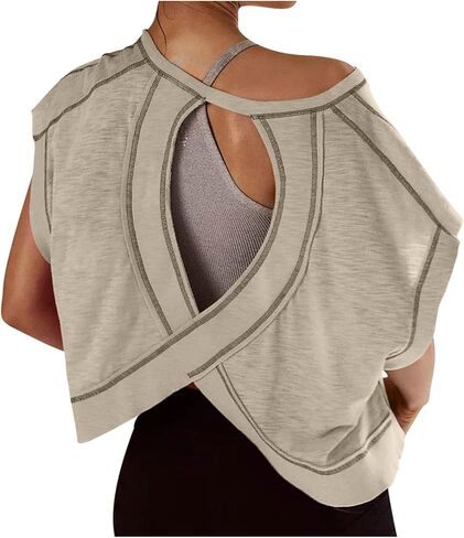 Workout Tops for Women Loose Fit Open Back Short Sleeve Shirts Backless Athletic Yoga Gym Tees in Saudi Arabia