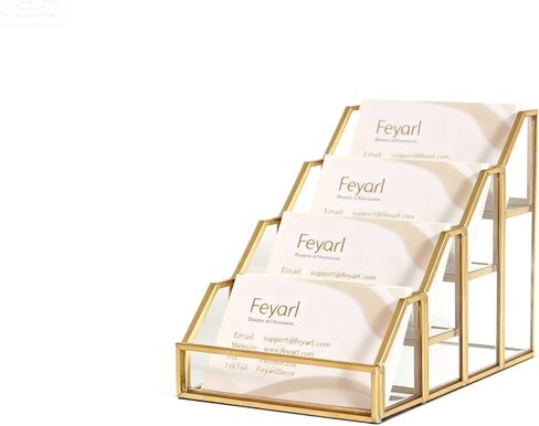 Feyarl Glass حامل بطاقات العمل 4 فتحات متعددة ذهبية اسم المكتب بطاقة عرض موقف زجاج شفاف مكتب معكوسة منظم بطاقات العمل لمكتب الاستقبال وكالة المعارض التجارية in Saudi Arabia