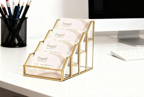 Feyarl Glass حامل بطاقات العمل 4 فتحات متعددة ذهبية اسم المكتب بطاقة عرض موقف زجاج شفاف مكتب معكوسة منظم بطاقات العمل لمكتب الاستقبال وكالة المعارض التجارية in Saudi Arabia
