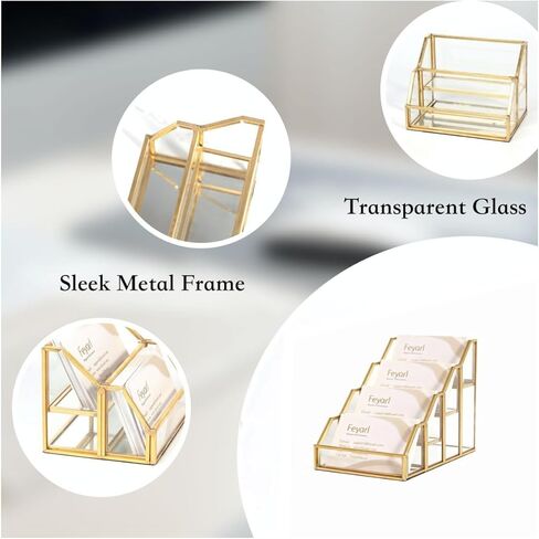 Feyarl Glass حامل بطاقات العمل 4 فتحات متعددة ذهبية اسم المكتب بطاقة عرض موقف زجاج شفاف مكتب معكوسة منظم بطاقات العمل لمكتب الاستقبال وكالة المعارض التجارية in Saudi Arabia