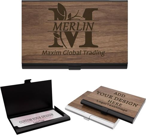 Personalized Business Card Holder - Customizable Laser Engraved Walnut Business Card Case with Logo/Text/Design, Executive Desk Organizer for Credit Cards, Gift for Women/Men (Black) in Saudi Arabia