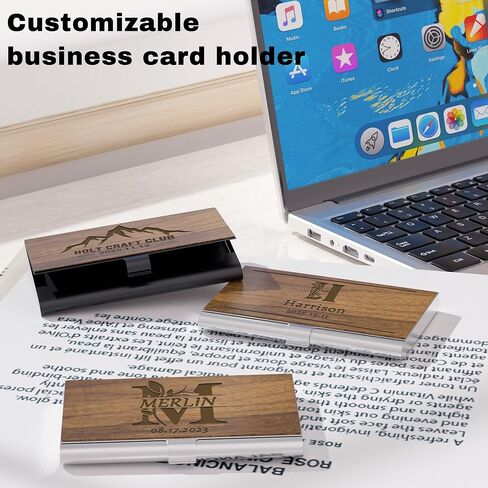 Personalized Business Card Holder - Customizable Laser Engraved Walnut Business Card Case with Logo/Text/Design, Executive Desk Organizer for Credit Cards, Gift for Women/Men (Black) in Saudi Arabia