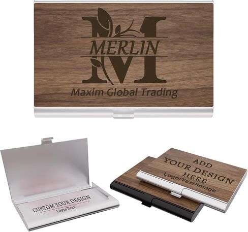 Personalized Business Card Holder - Customizable Laser Engraved Walnut Business Card Case with Logo/Text/Design, Executive Desk Organizer for Credit Cards, Gift for Women/Men (Black) in Saudi Arabia