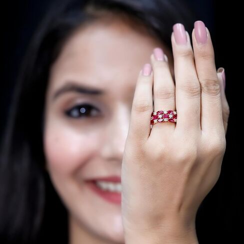 خاتم زفاف معتمد من Lab Grown Ruby Diamond باللون الفضي المطلي بالذهب الأصفر، بجودة AAA - هدية للمناسبات الخاصة in Saudi Arabia
