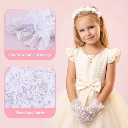 Lusofie Lace White Gloves Kids for Girls First Communion - White Lace Princess Gloves for Tea Party Wedding Pageant & Cosplay in Kuwait