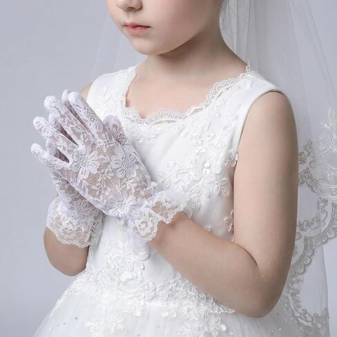 Lusofie Lace White Gloves Kids for Girls First Communion - White Lace Princess Gloves for Tea Party Wedding Pageant & Cosplay in Kuwait
