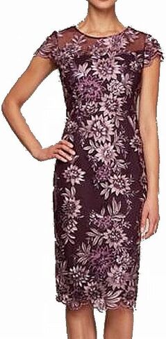 Alex Evenings Women's Short Floral Embroidered Cocktail Sheath Dress, Wedding Guest, Formal Gown (Petite and Regular Sizes), Plum, 8 in Saudi Arabia