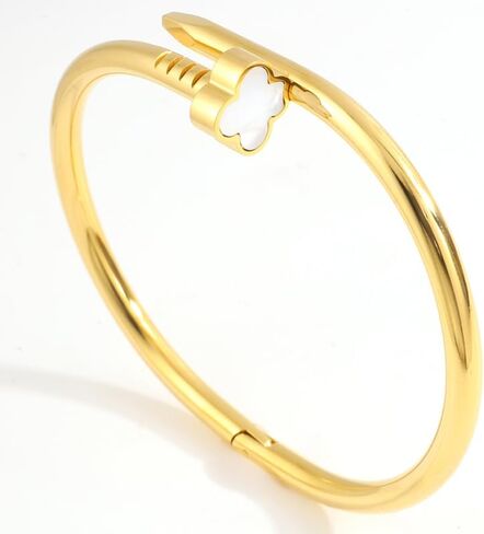 Clover Accent Nail Bracelet – Gold Plated Stainless Steel Cuff for Women, Elegant Statement Jewelry in Saudi Arabia