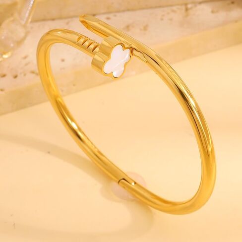Clover Accent Nail Bracelet – Gold Plated Stainless Steel Cuff for Women, Elegant Statement Jewelry in Saudi Arabia