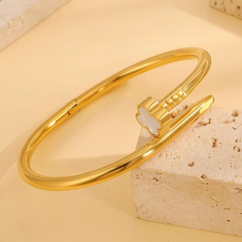 Clover Accent Nail Bracelet – Gold Plated Stainless Steel Cuff for Women, Elegant Statement Jewelry in Saudi Arabia