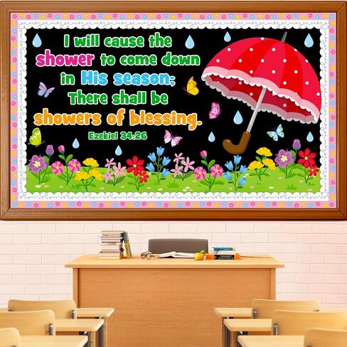 Spring Religious Bulletin Board Decoration Set, April Shower Classroom Decorations Christian Flower Butterfly Umbrella Rain Cutouts March April Library Church School Nursery Door Decor for Teacher in Kuwait