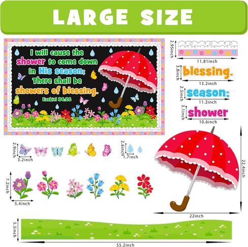 Spring Religious Bulletin Board Decoration Set, April Shower Classroom Decorations Christian Flower Butterfly Umbrella Rain Cutouts March April Library Church School Nursery Door Decor for Teacher in Kuwait