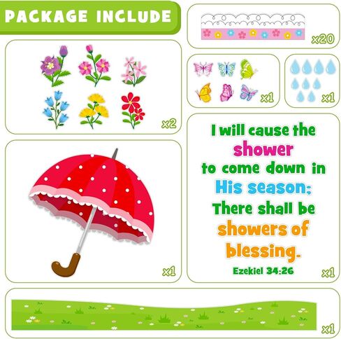 Spring Religious Bulletin Board Decoration Set, April Shower Classroom Decorations Christian Flower Butterfly Umbrella Rain Cutouts March April Library Church School Nursery Door Decor for Teacher in Kuwait