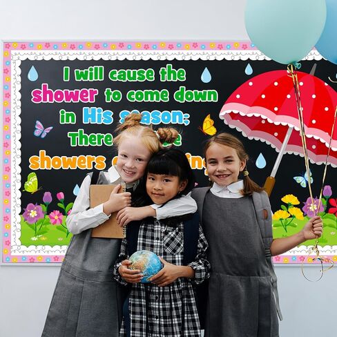 Spring Religious Bulletin Board Decoration Set, April Shower Classroom Decorations Christian Flower Butterfly Umbrella Rain Cutouts March April Library Church School Nursery Door Decor for Teacher in Kuwait