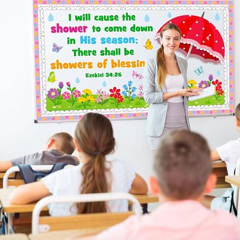 Spring Religious Bulletin Board Decoration Set, April Shower Classroom Decorations Christian Flower Butterfly Umbrella Rain Cutouts March April Library Church School Nursery Door Decor for Teacher in Kuwait