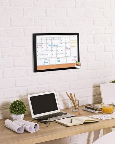 تقويم مسح جاف 4 في 1 للجدار بإطار خشبي أسود، 17 × 13 بوصة سبورة بيضاء مخططة شهرية وأسبوعية مغناطيسية، مجموعة لوحة الفلين، لوحة بيضاء معلقة للديكور/المذكرة (خشب 4H1-BK، 4333) in Saudi Arabia