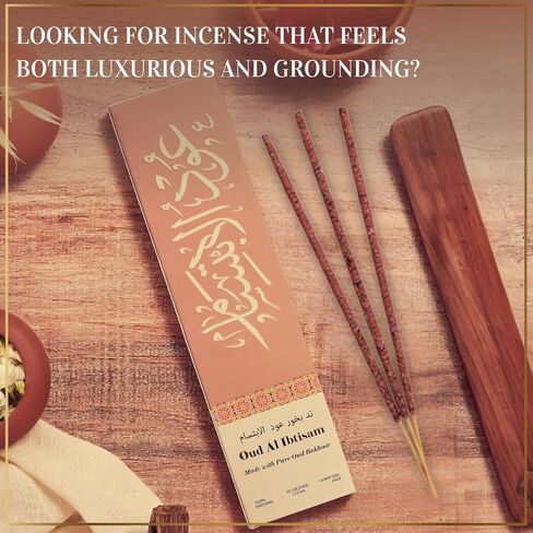 Oud Al Ibtisam Incense Sticks by Dukhni – Floral Oudh Scent | Agarwood Arabian Charcoal Free Incense I 90 Long-Lasting Oud Sticks | Organic & Non Toxic I Relaxing Aroma for Home, Aromatherapy, Prayer in Saudi Arabia
