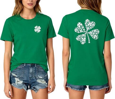 تي شيرت نسائي لعيد القديس باتريك - تي شيرت برسوم شامروك على الوجهين لعيد القديس بادي من الأمام والخلف قطعة واحدة in Kuwait