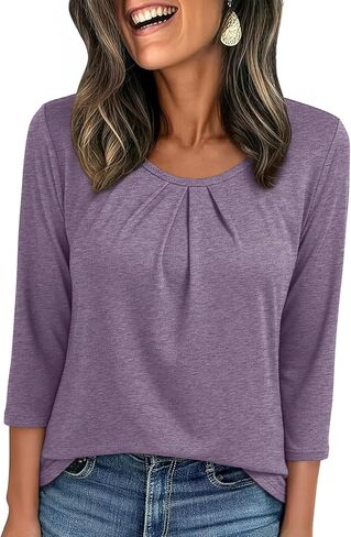 JUSTFASHIONNOW Womens 3/4 Length Sleeve Tops Crewneck Pleated T-Shirts Dressy Casual Tunic Basic Business Blouses in Saudi Arabia