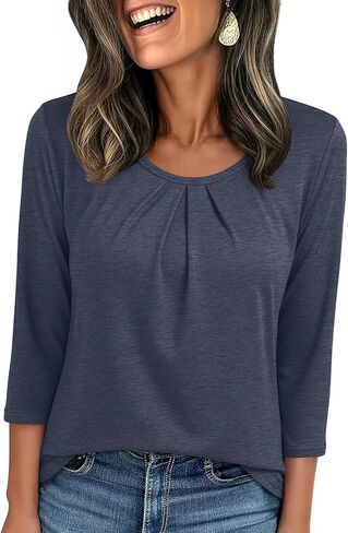 JUSTFASHIONNOW Womens 3/4 Length Sleeve Tops Crewneck Pleated T-Shirts Dressy Casual Tunic Basic Business Blouses in Saudi Arabia